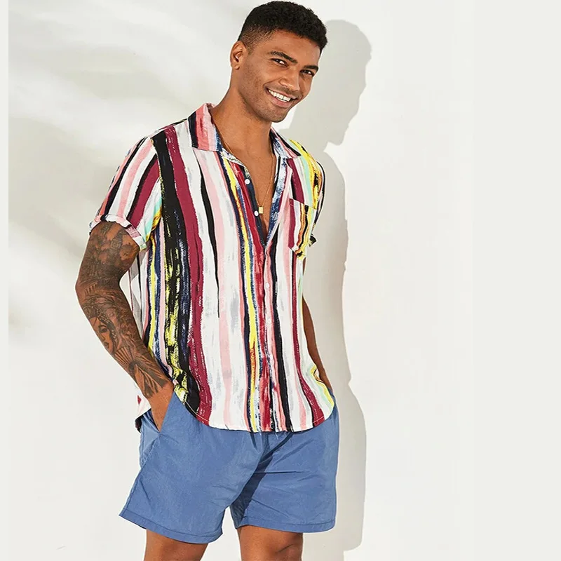 Mens Ethnic Short Sleeve Beach Hawaiian Shirt Tropical Summer Cotton Linen Printing Hawaiian Button Down Shirts Plus Size