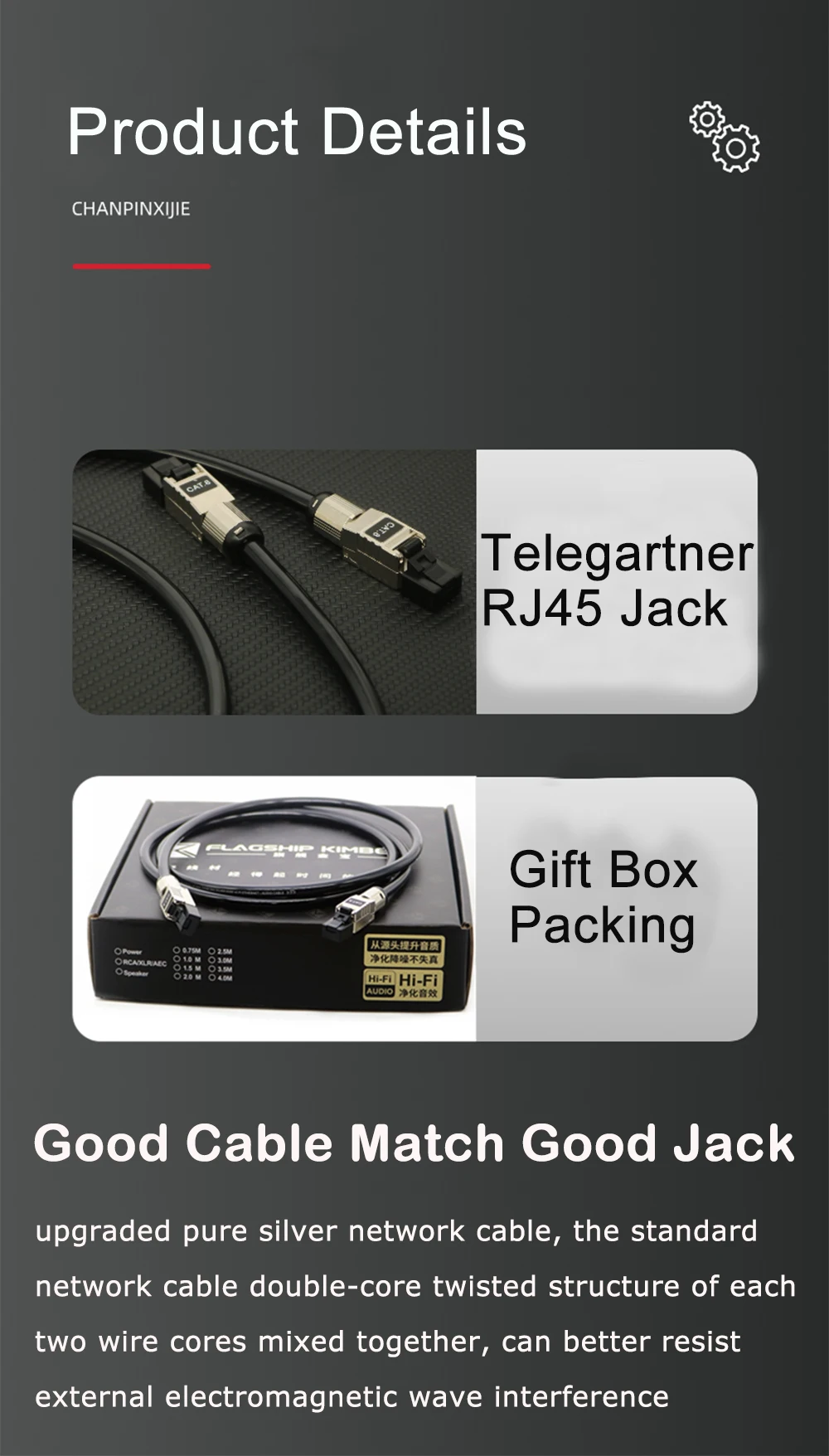 CAT.8 40Gbps Hochgeschwindigkeits-Netzwerkkabel RJ45 7mm 8-adrig 99,999% 5N Reines Silber 15AWG Doppelschicht Geflochtenes Folienabschirmkabel – Detail 8