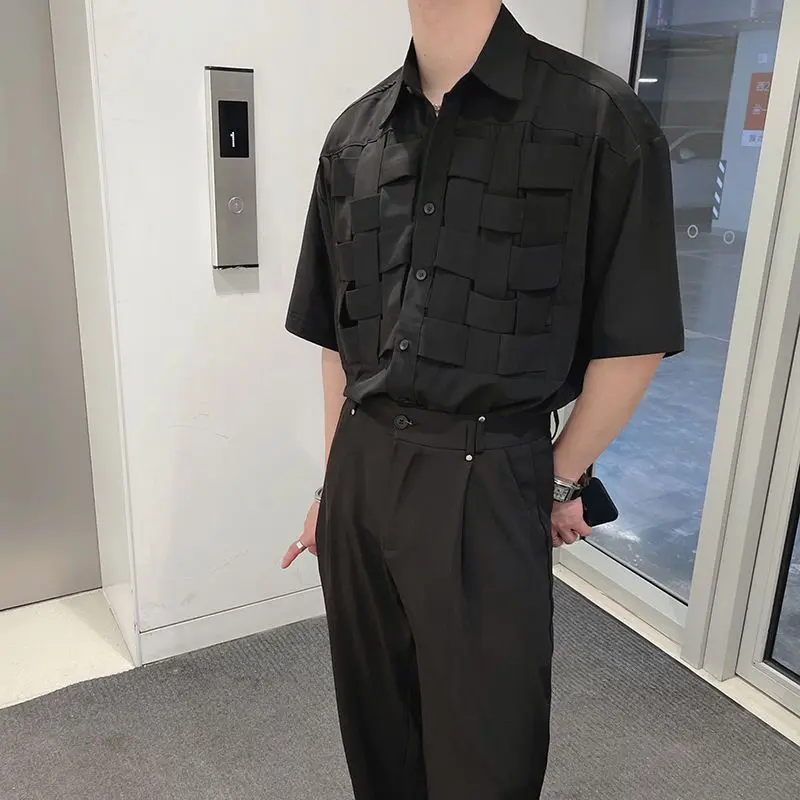 Summer Round Neck Fashion Half Sleeve Shirt Man High Street Casual Loose Button Cardigan Solid Color Personality All-match Tops