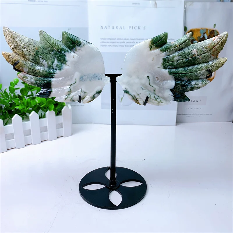 

Natural Moss Agate Angle Wings Hand Carved Butterfly Figurine Reiki Crystal Healing Energy Stone Home Decoration With Stand