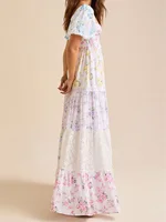 Elegant Floral Print Short Sleeve A-Line Dress with Ruffled Hem for Women Perfect for Cocktail Parties and Streetwear Fashion - Image 3