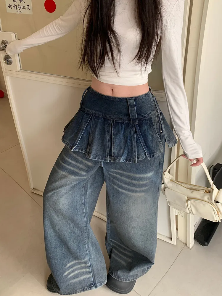 2025 Trashy Y2K Mode Faltenrock Saum Baggy Gestapelt Jeans Hosen für Frauen 90er Jahre Vintage Kleidung Weites Bein Tierred Lady Hose – Detail 11
