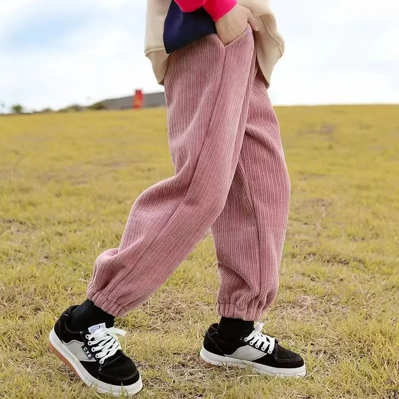 Khaki bear velvet corduroy pants pink