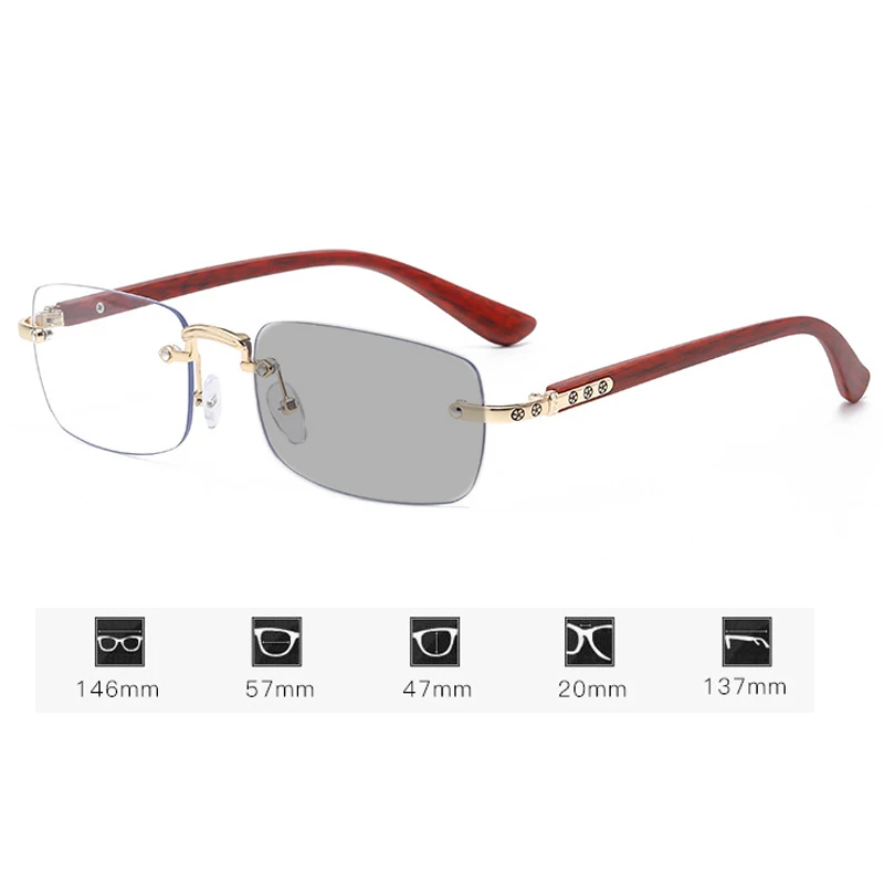 Elegant Rimless Photochromic Reading Glasses - Unisex Wood Grain Anti Blue Light Eyewear