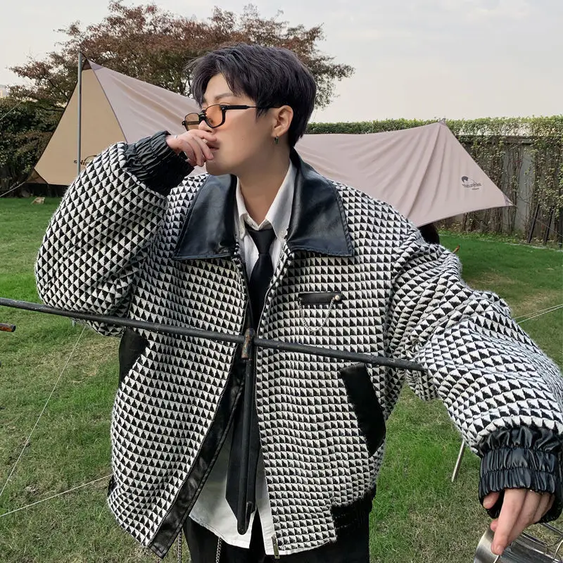 Korea Short Jacket Men 2022 New Spring Autumn Korean Version Loose Stitching Houndstooth Casual Coat Ladies Outerwear Tops 2022