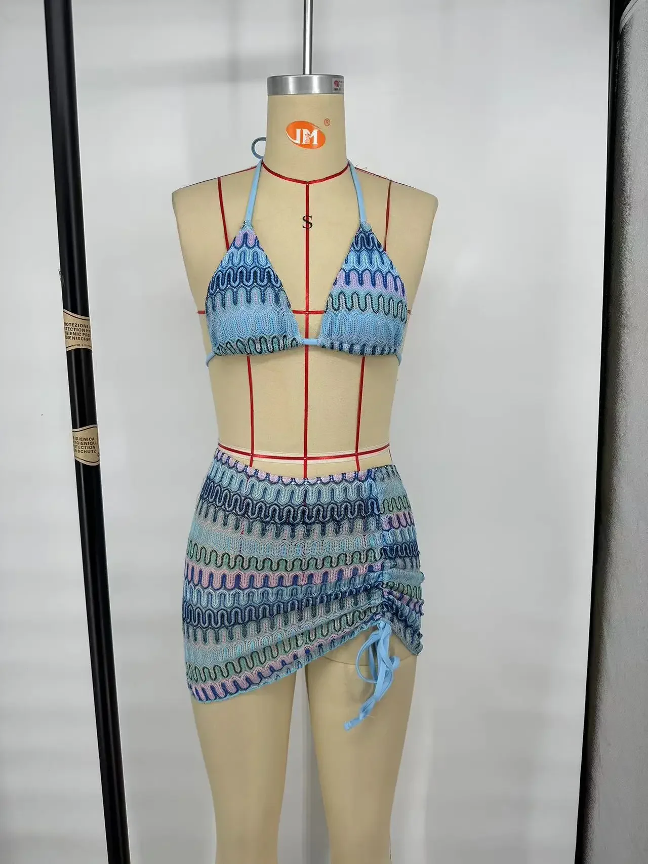 Zigzag Bikini Three Piece Swimwear with Skirt Knitting Bikini Set Bikini Swimsuit Women Swimwear