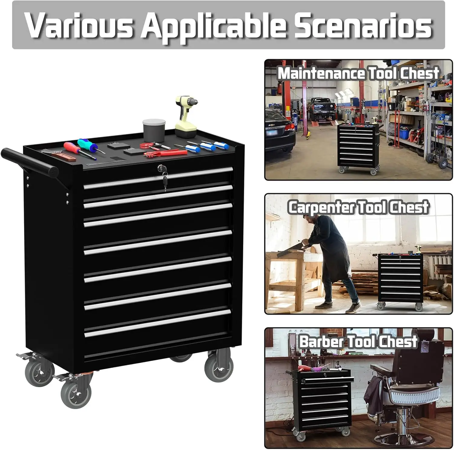 Rolling  Chest, Heavy Duty Rolling Box on Wheels, Metal Storage Cabinet with Drawer Liners, Lockable Cart wit 6