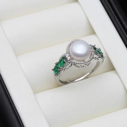 925 Silver Flower Rings for Women,Beautiful Wedding Real Natural Freshwater Black Pearl Ring Engagement Gift