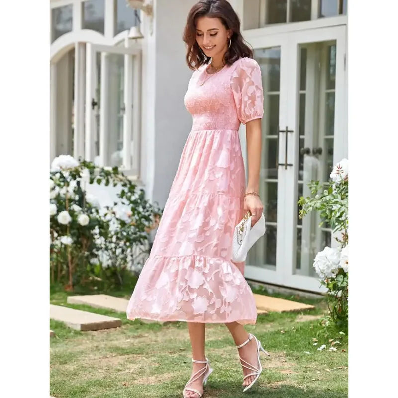 

Y-Y White Floral Dress Print Women Summer Puff Sleeve Jacquard Ladies Elegant Fashion Vintage Loose Holiday Party Long Dresses
