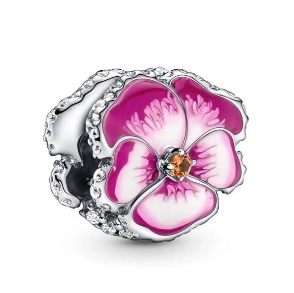 

Authentic 925 Sterling Silver Moments Pink Pansy Flower With Crystal Charm Bead Fit Pandora Bracelet & Necklace Jewelry