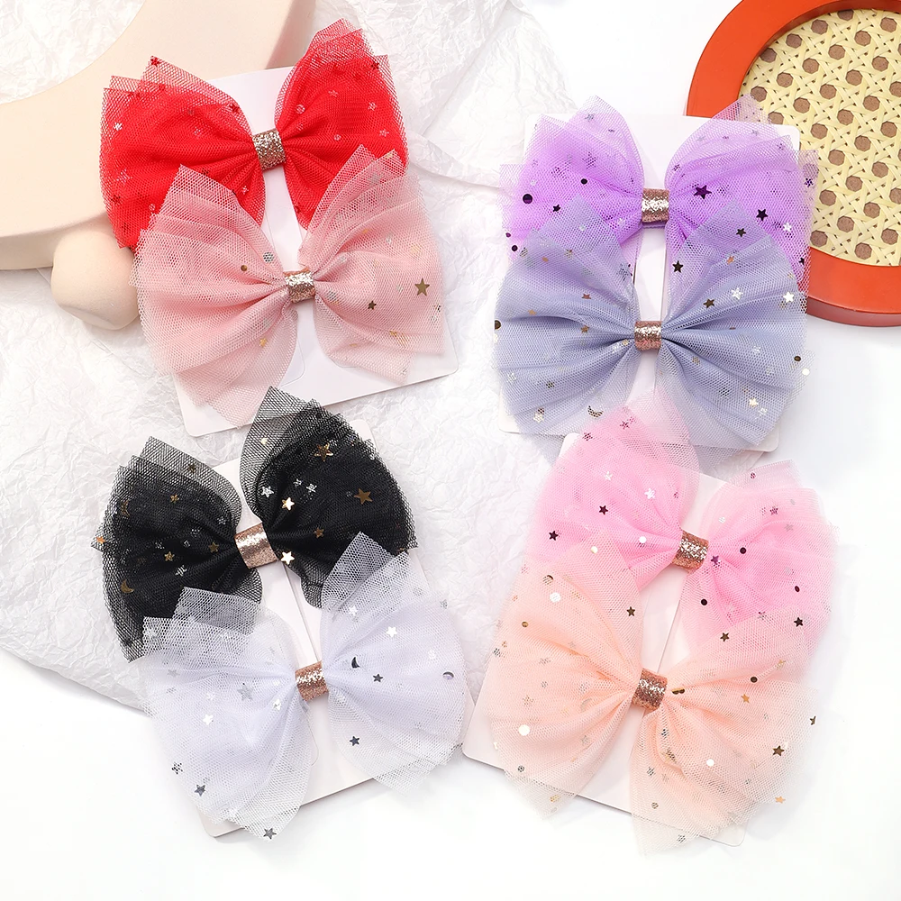 2pcs Kids Double-layer Mesh Bow Hairpin Side Clip for Women Girls Fashion Korea Sweet Student Star Hair Clip Hair Accessories woman 2pcs mesh suit colorfull printed short sleeve o neck crop t shirt pant blue two piece sets tracksuit