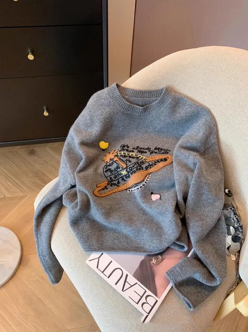 Luxury Brand Design Saturn Knit Embroider Long Sleeves Sweater T-shirt For Women Top Shirt Knitwear Tees Wear Y2k Clothing