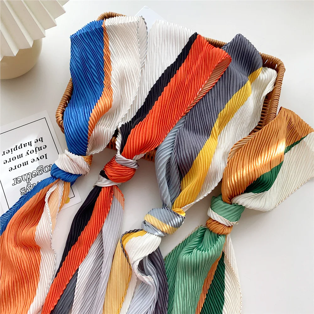 

2022 Spain Fashion Luxury Brand Gradient Wrinkle Silk Shawl Scarf Office Lady Long Narrow Headband Wraps Foulard Sjaal 130*10Cm