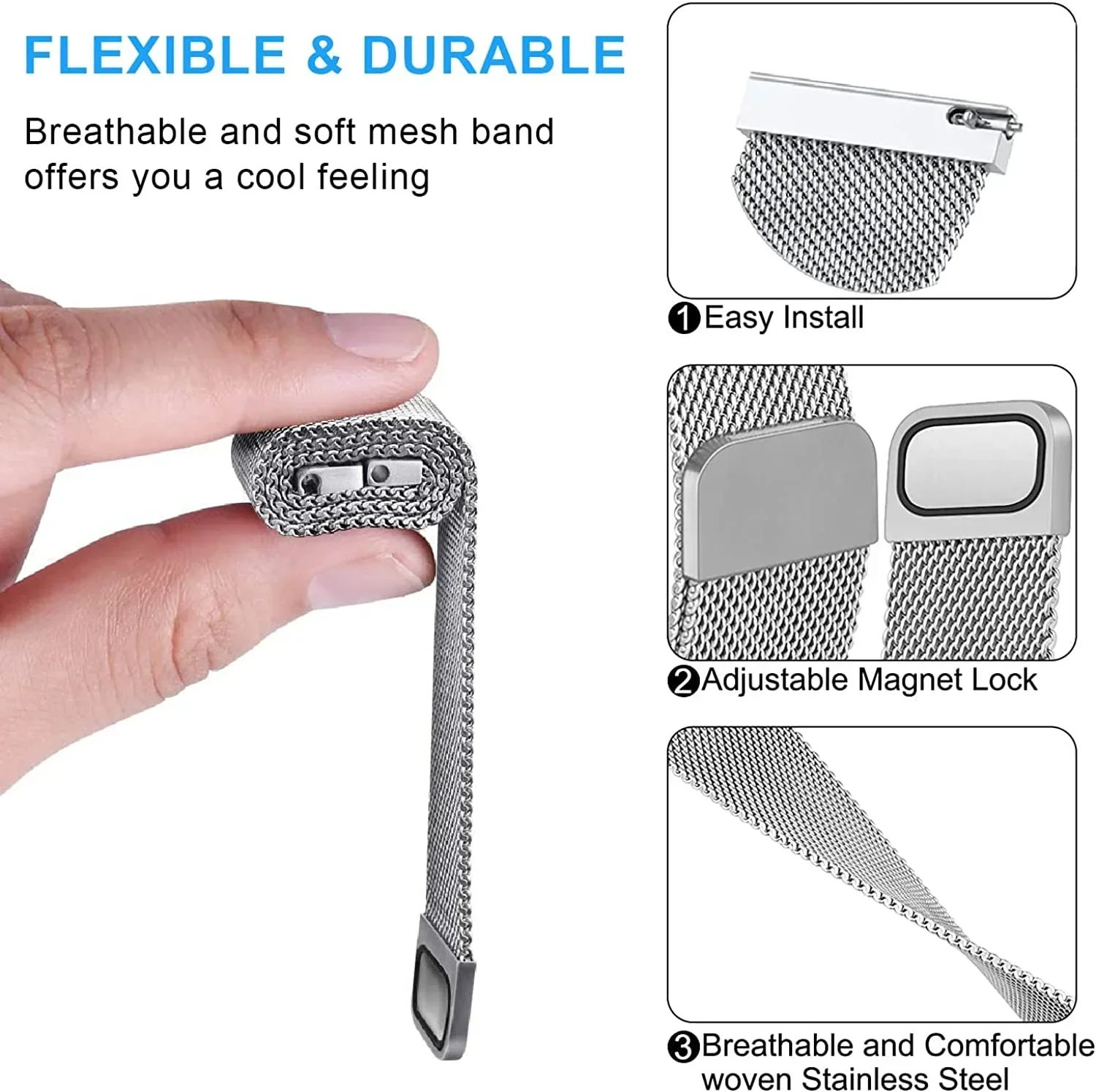 Milanese Magnetic Loop Stainless Steel Watch Strap Bracelet, 20mm/22mm