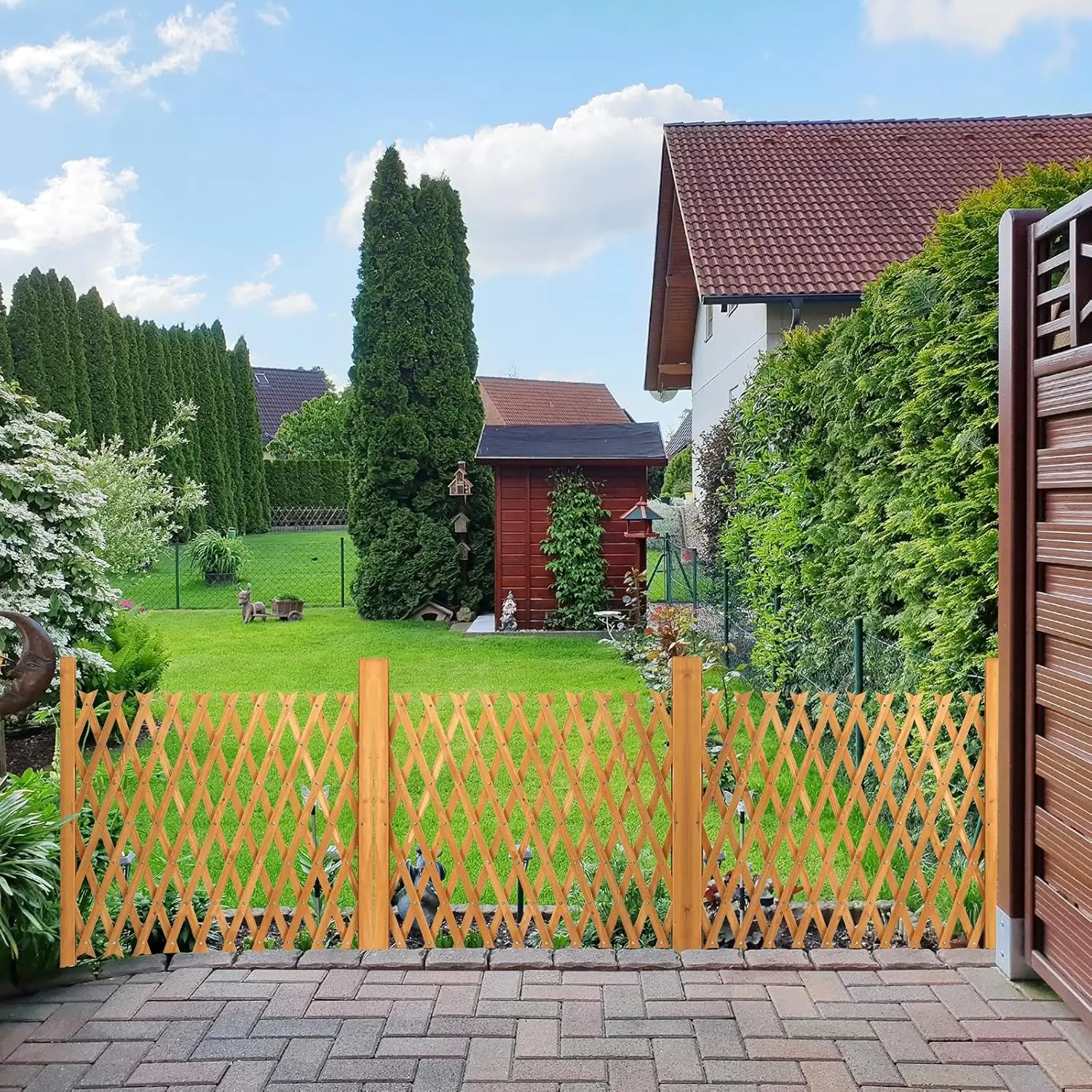 2 Packs Extendable Garden Fence, 27.55 Inch Tall Freestanding Accordion Fence Solid Wood Retractable Trellis Instant Fence Pet