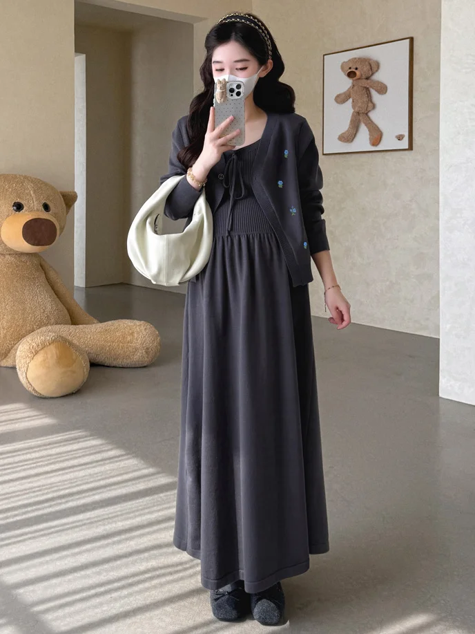 한국 스타일 니트 드레스와 가디건 세트 자수 트렌디한 임부복 임산부 아닌 분들을 위한 봄 가을 시즌 의류