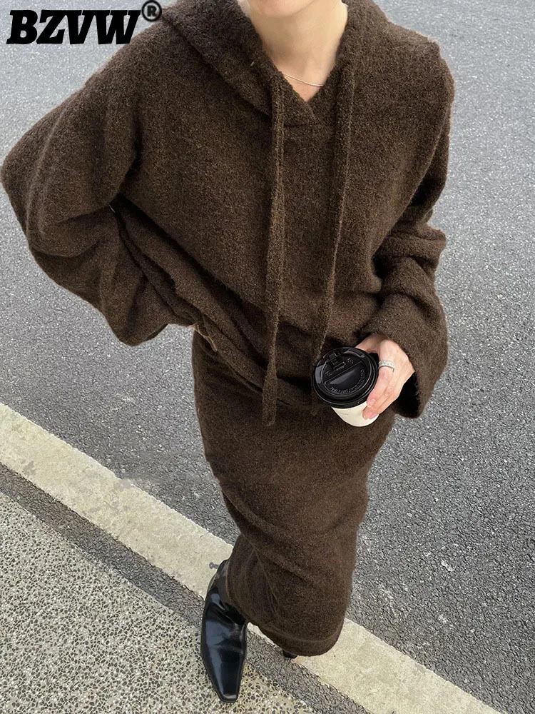 

BZVW Sweater Skirt Wool Hooded Long Sleeve Top Two Piece Set Women's 2023 Winter New Simple Vintage Casual Loose Sets Female