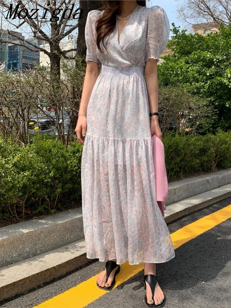

Женское плиссированное платье с цветочным принтом, Длинное свободное платье с V-образным вырезом, рукавами-фонариками и оборками в Корейском стиле, лето