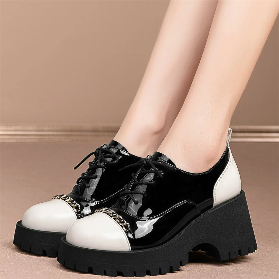 

2022 Punk Chain Creepers Women Genuine Leather High Heel Ankle Boots Female Lace Up Round Toe Platform Pumps Shoes Casual Shoes