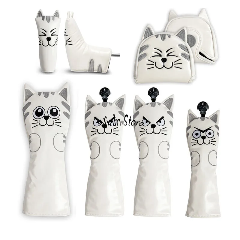 Lovely Animal Cat Golf Headcover Per Driver Fairway Hybrid Magnatic Putter Covers Waterproof Pu Leahter Coperture Durevoli Bianco
