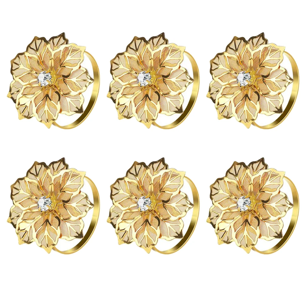 Napkin Ring 6Pcs Rose Flower Napkin Holder Floral Rhinestone Napkins Rings for Wedding Mother's Day Party Dinner Table Decor