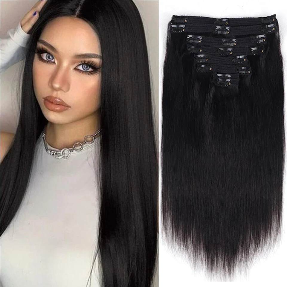 Straight Hair Clip In Human Hair Extensions Black #1 Color Natural Real Toupee Tufts For Women Full Head Fusion