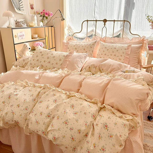 Ensemble de housse de couette 100% coton, 3 pièces (1 * housse de couette + 2 * taie d'oreiller, sans noyau), ensemble de literie en dentelle coréenne, doux et confortable 1