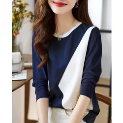 Fashion O-Neck Spliced Loose Asymmetrical Blouse Women's Clothing 2023 Spring New Casual Pullovers Long Sleeve Korean Shirt