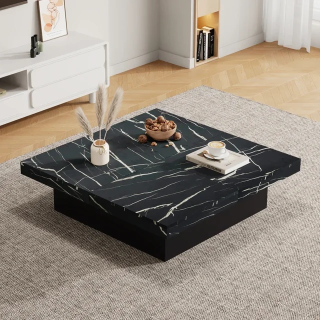 Table basse carrée noire moderne 90 × 90 × 25 cm - Plateau de table coulissante et quatre tiroirs, charge maximale 30 kg, meubles de rangement élégants 1