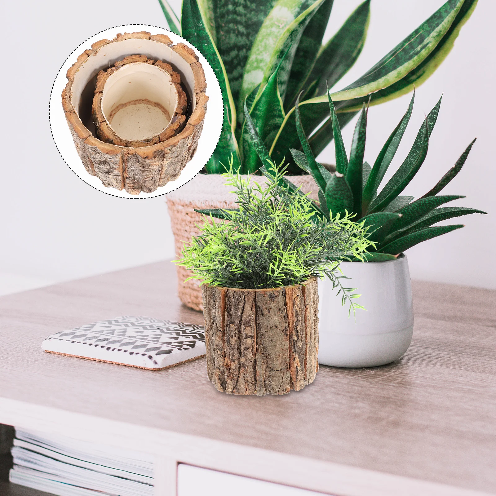 Generic Wooden Flower Pot Natural Wood Bark Flower Bucket Barrel Planters Rustic Shabby Vase Farmhouse Planter Pot 1