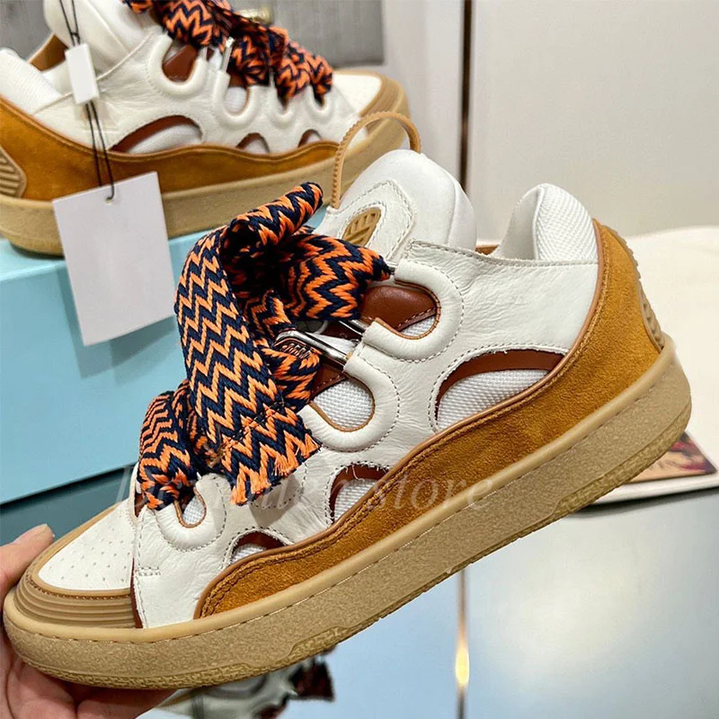 Spring and Autumn Unisex Flat Thick Bottom Mixed Color Casual Shoes Genuine Leather Lace Up Breathable Running Shoes Sneakers