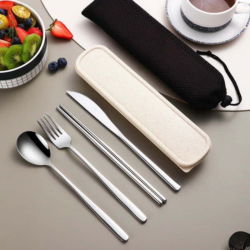Description Picture 3 of item4pcs Set Portable Cutlery Set Tableware Set Camping Dinnerware Set Stainless Steel Knife Fork Spoon Kit Travel Flatware With Box