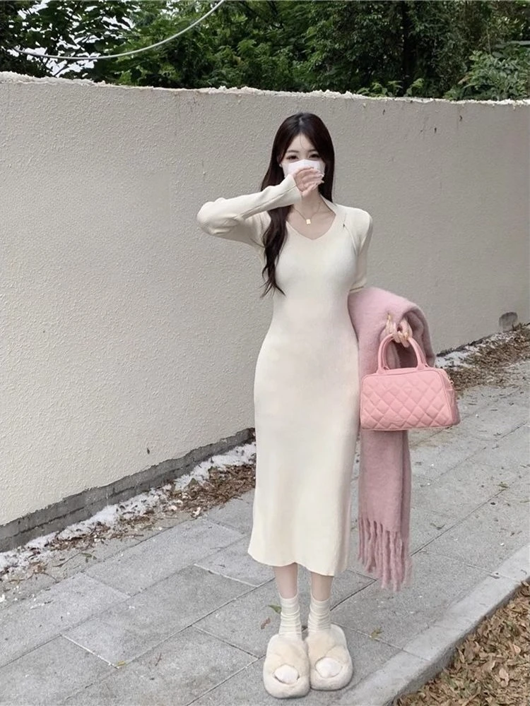 Robes en Crochet pour femmes, moulantes, mode automne-hiver, Harajuku rétro, nouveau en Y2k, liquidation coréenne, robe en tricot fendue