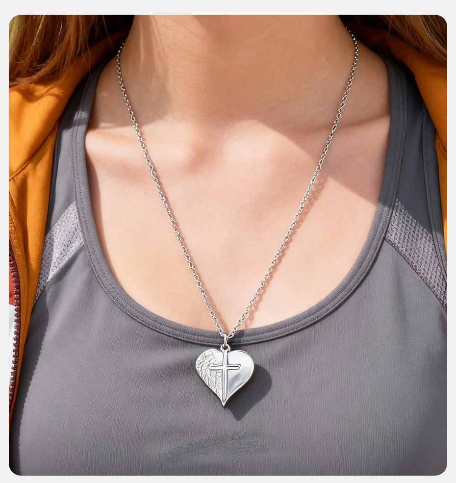 Herzförmige Flügel-Halskette aus Edelstahl für Männer, Rock-Punk-Anhänger in Silberfarbe mit Kreuz, religiöser Gothic-Schmuck als Geschenk – Detail 2