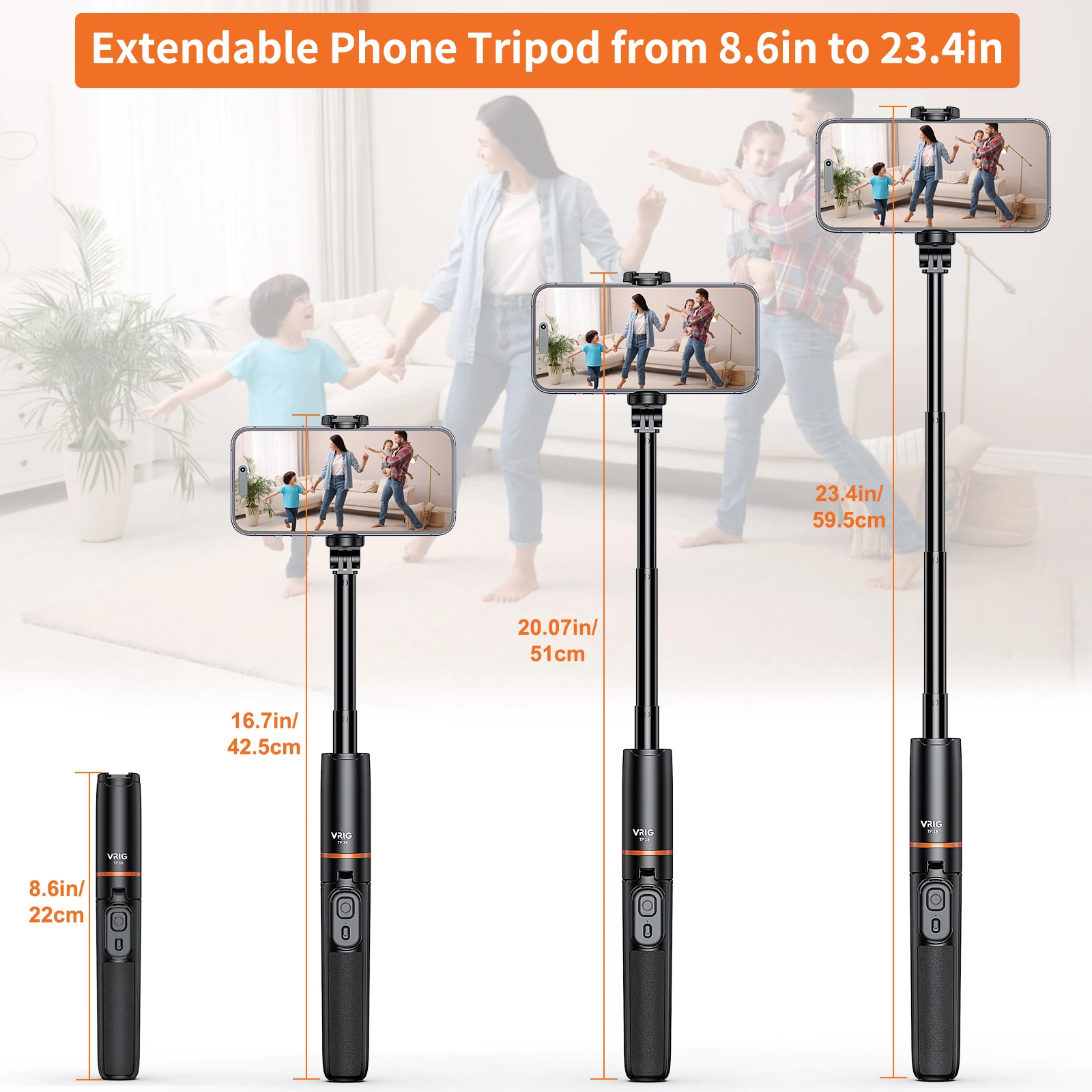 VRIG TP-19 확장형 셀카봉 삼각대, 휴대폰 원격 셔터, 브이로그 셀카 라이브 스트리밍 사진용, 59.5cm