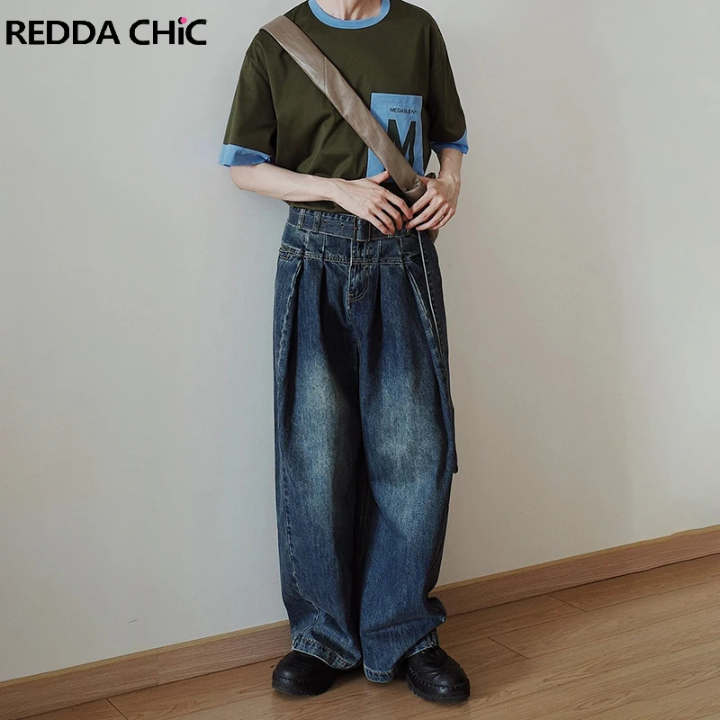 

Мужские мешковатые джинсы REDDACHIC, винтажные синие плиссированные широкие брюки большого размера с поясом, широкие повседневные брюки, модель Y2k, Корейская уличная одежда