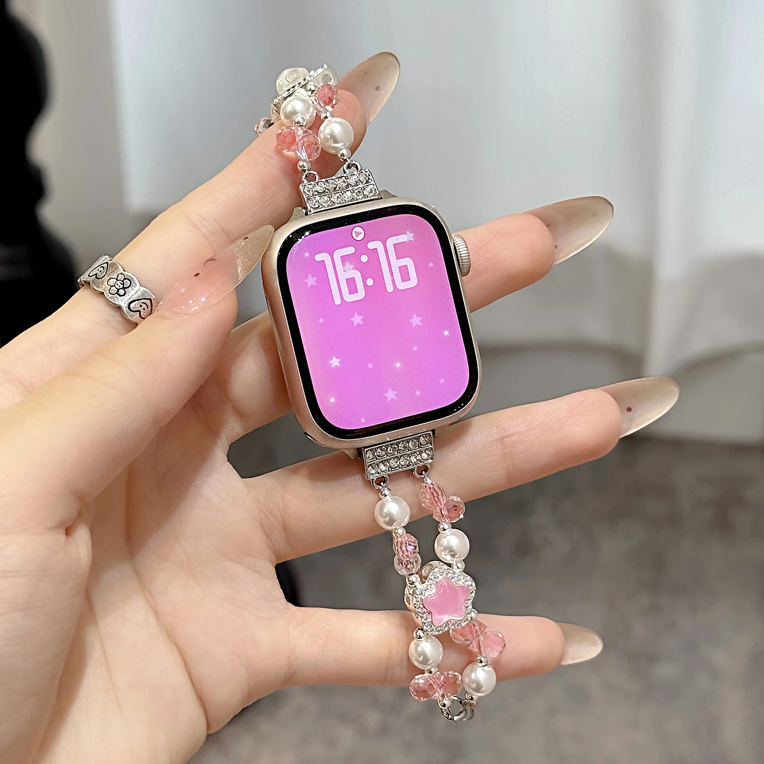 Damen-Armband mit funkelndem Stern, Perlenarmband für Apple Watch-Armband, 46/45/44/42/40–40 mm, hochwertiges, duftendes Armband für die iWatch-Serie – Detail 7
