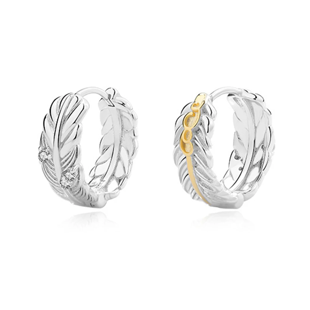 

WPB S925 Sterling Silver Earrings Women Shiny Feather Earrings Circle Female Luxury Jewelry Brilliant Metal Design Girl Gift New