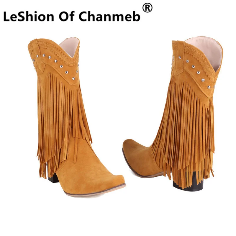 

LeShion Of Chanmeb Fringe Mid-calf Western Boots Women Punk Rivets Tassel Cowboy Boot for Cowgirl Woman Autumn Winter Shoes 2022