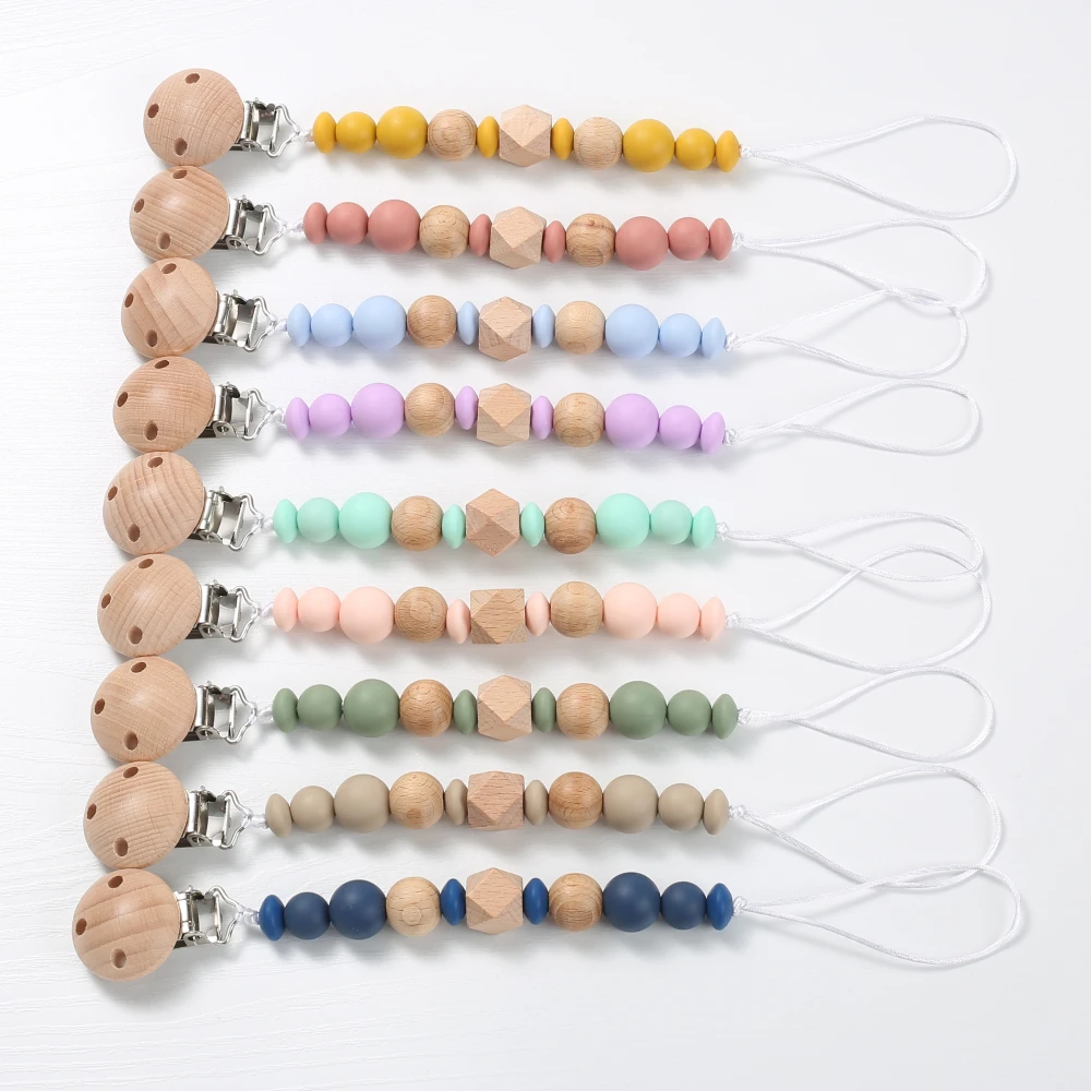 Wood Baby Pacifier Chain Clips Silicone Round Octagonal Beads Teething Chain For Infant Appease Soother Dummy Holder Clip