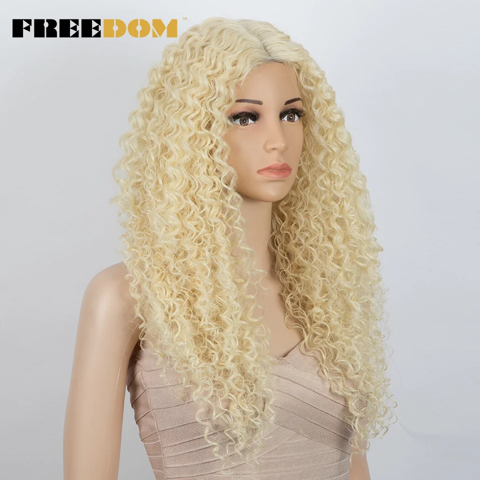 FREEDOM Synthetic Lace Front Wigs For Women 26 Inch Long Kinky Curly Blonde Wigs Heat Resistant Fiber Cosplay