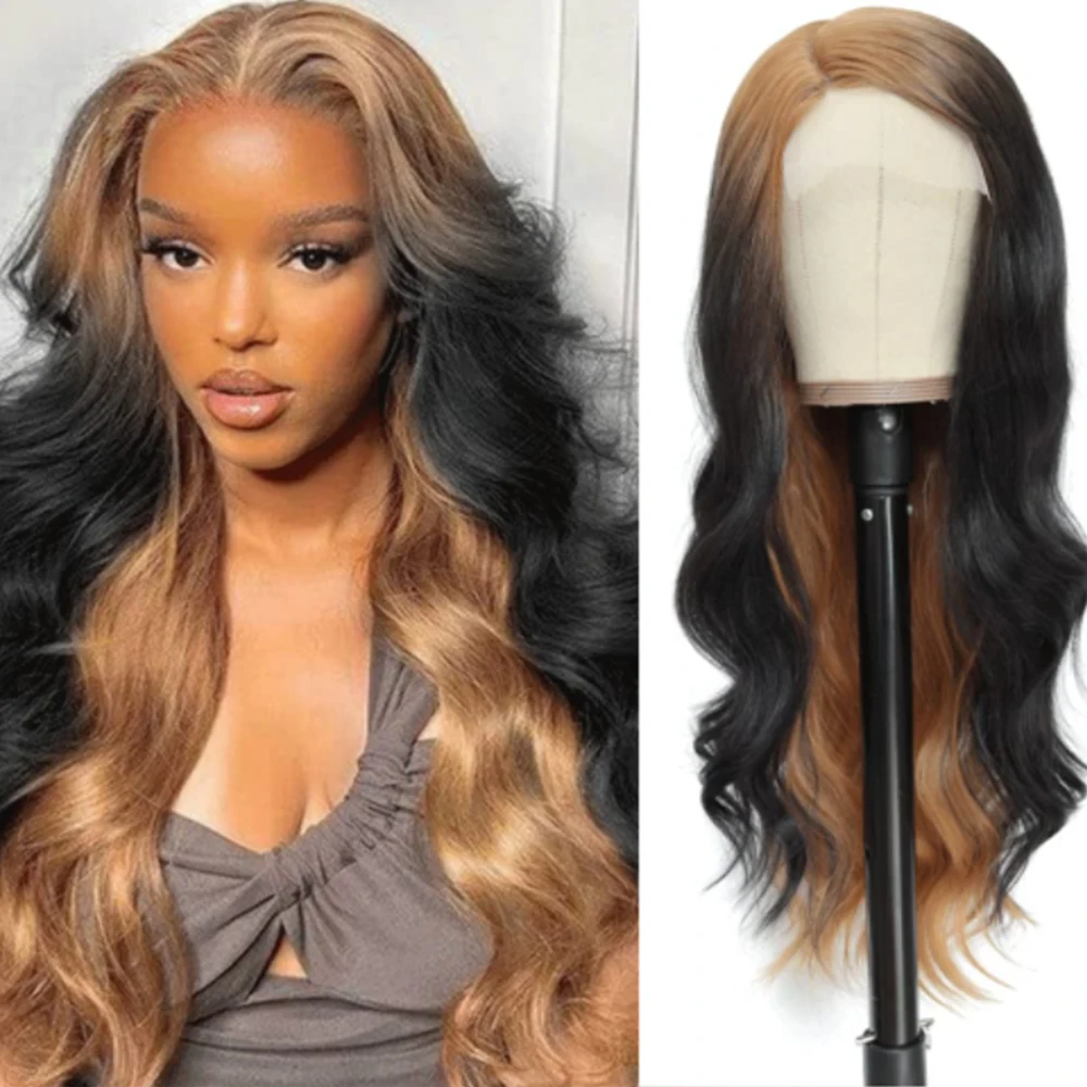 

Highlight Lace Wigs Ombre Copper Brown Black Synthetic Wig Side Part Lace 13X1 Long Body Wave Afro Wig for Women Brizilian Daily