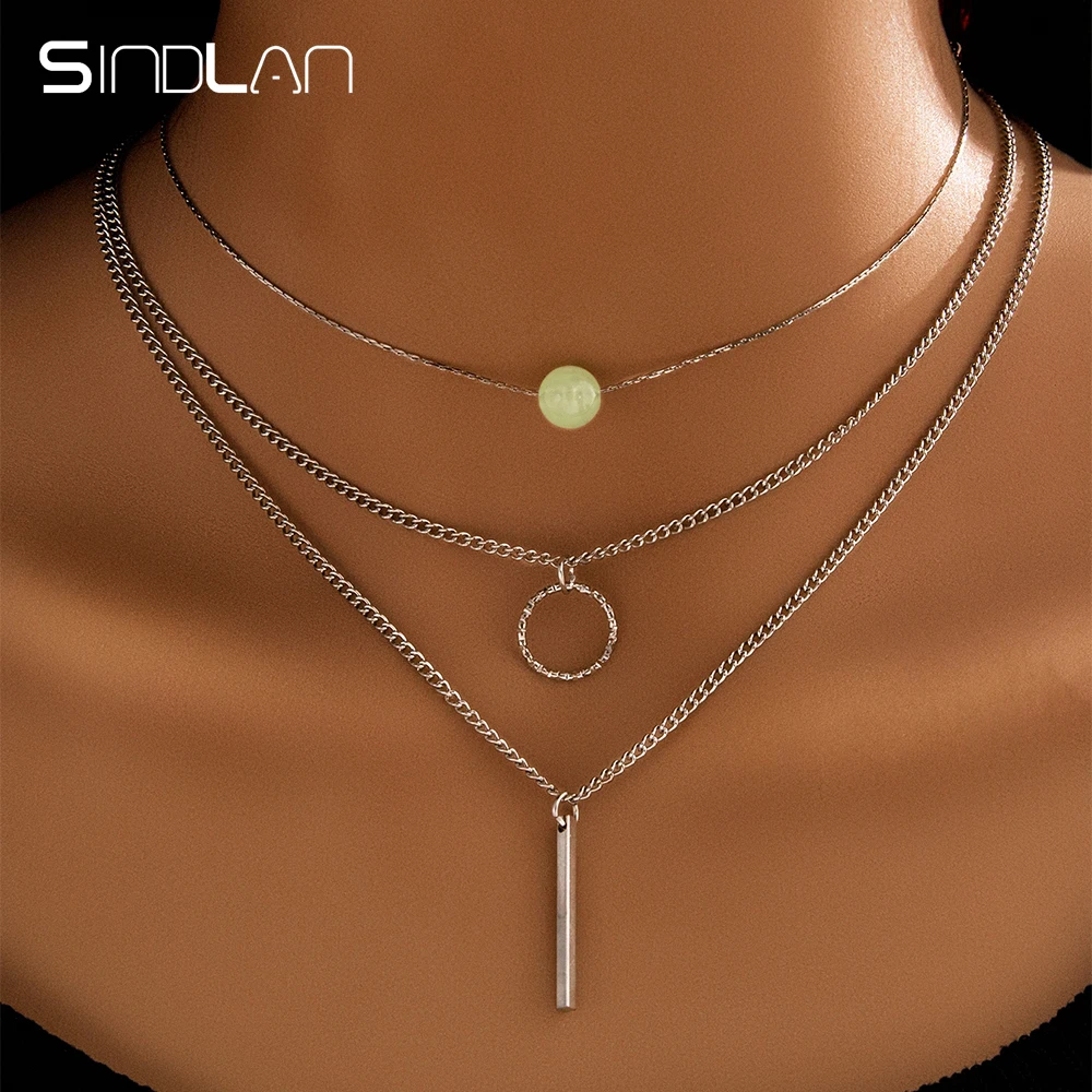 

Sindlan 3Pcs Vintage Silver Color Chain Geometric Pendant Necklace for Women Punk Simple Stone Charm Jewelry Collares Para Mujer