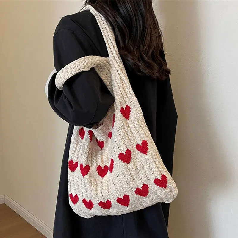 Large Capacity Knitted Bag Women's Summer Handmade Woolen Crochet Handbag Heart Pattern Tote Bags Bag Love Shoulder Purse