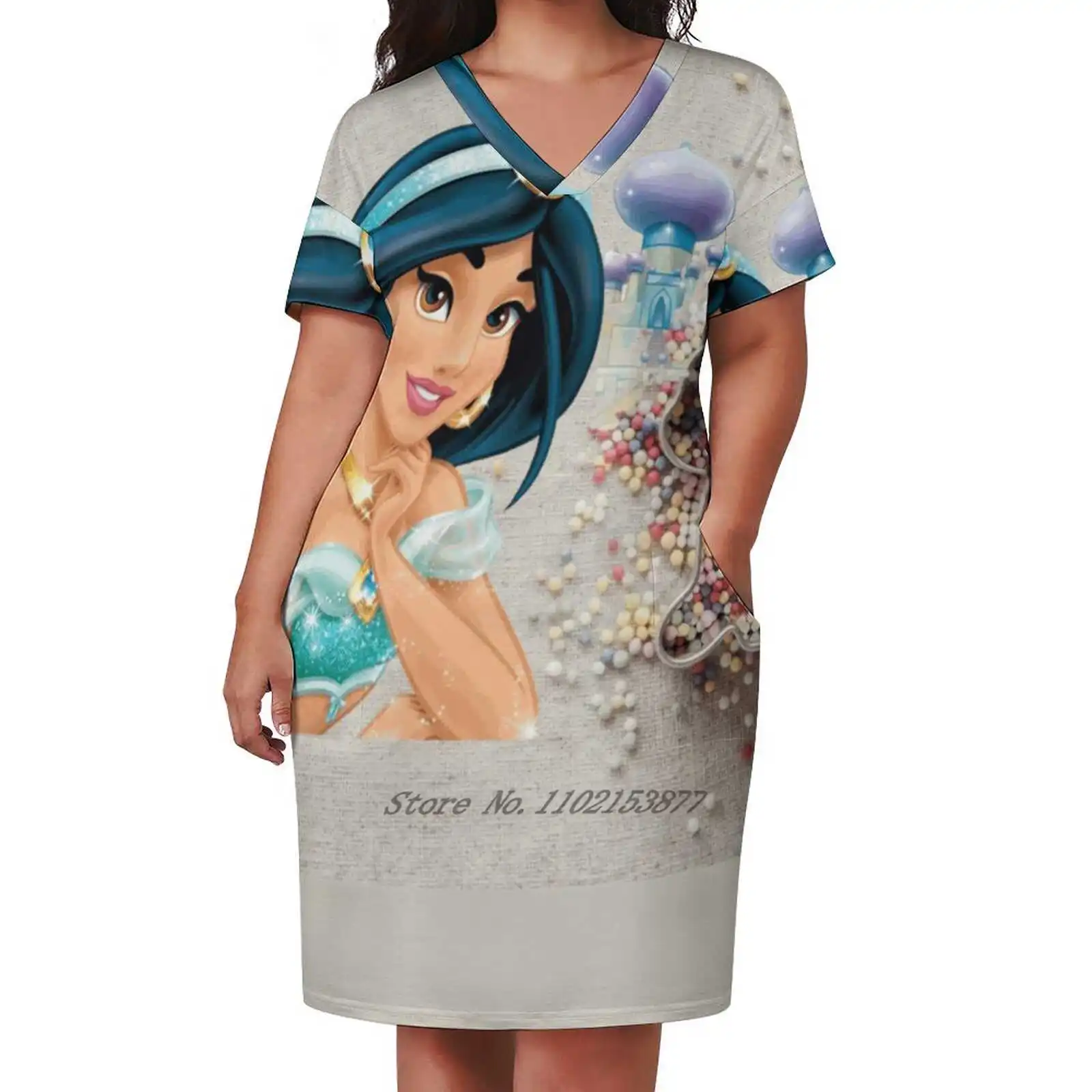 

Aladdin On His Dreams Loose Pocket Dress Fashion Print Dress Short Sleeve V-Neck A-Line Dress Aladin Kids Baby Princes Y2K