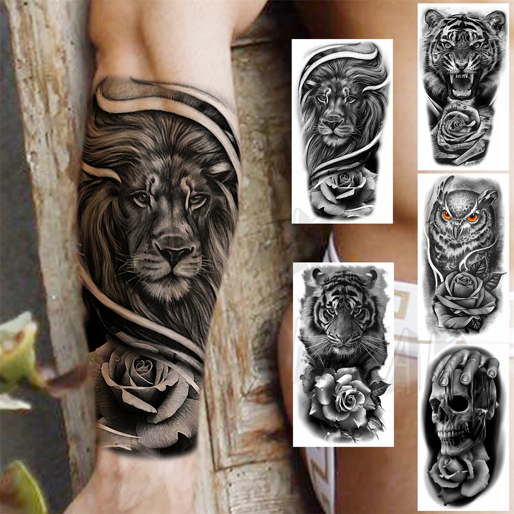 

Black Lion Rose Flower Temporary Tattoos For Women Adult Men Tiger Owl Skull Fake Tattoo Realistic Body Art Painting Tatoo Paper