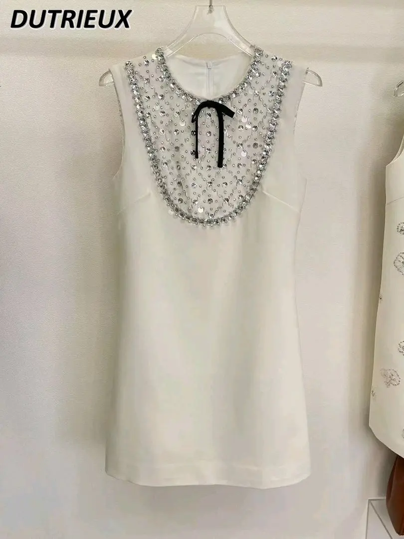 

Summer New Diamond Crystal Sequined Decorative Party Short Dress Women's Elegant Graceful Bow White Sleeveless Vest Dress