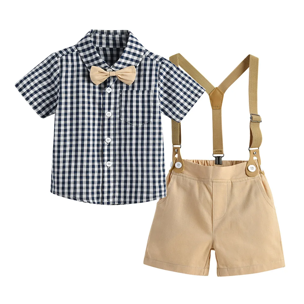 

2023 Summer New Kids Gentleman Formal Party Suit Baby Boys Suits Tie Plaid Shirts Pants Two-piece Kids Clothes Boys 0-7 Year Old