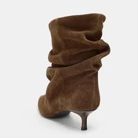 Liyke Designer Pleated Sued Ankle Boots For Women Winter Street Vintage Pointed Toe Thin Low Heels Runway Shoes Brown Booties 5