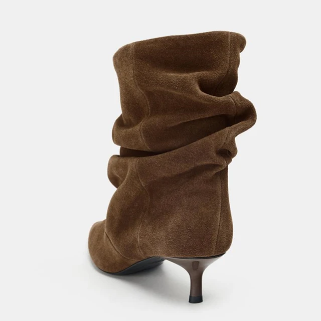 Liyke Designer Pleated Sued Ankle Boots For Women Winter Street Vintage Pointed Toe Thin Low Heels Runway Shoes Brown Booties 5